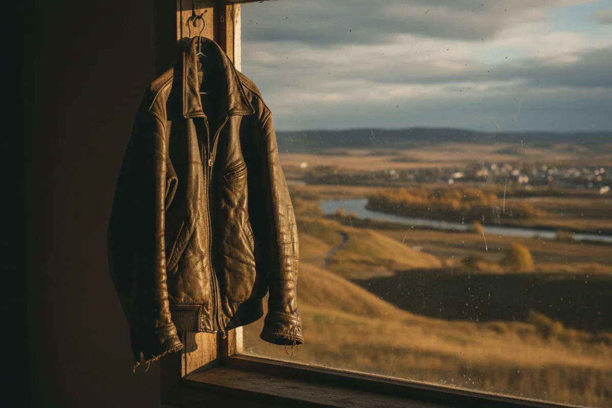 A well-worn jacket hanging by a sunlit window, suggesting time and memory in a quiet, minimal scene.