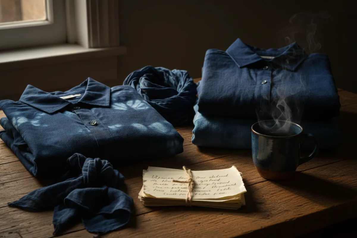 Folded indigo-dyed garments on a wooden table beside handwritten notes and a ceramic mug in warm morning light.