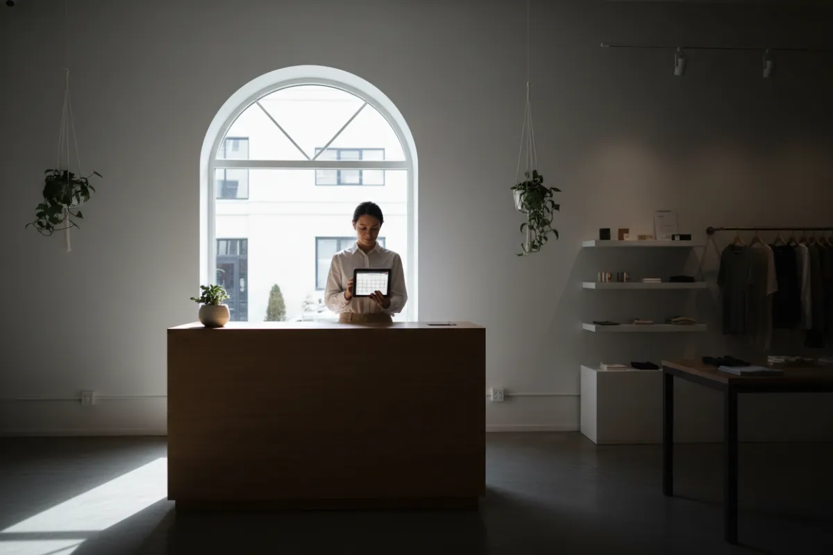 Shop owner reviewing scheduled appointments on a tablet at the front desk.