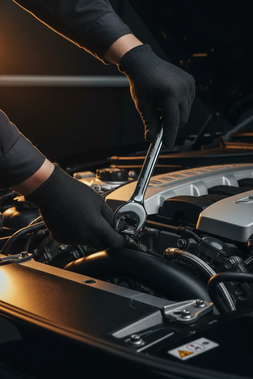Macro view of a luxury car engine bay with golden studio lighting showcasing precision engineering components
