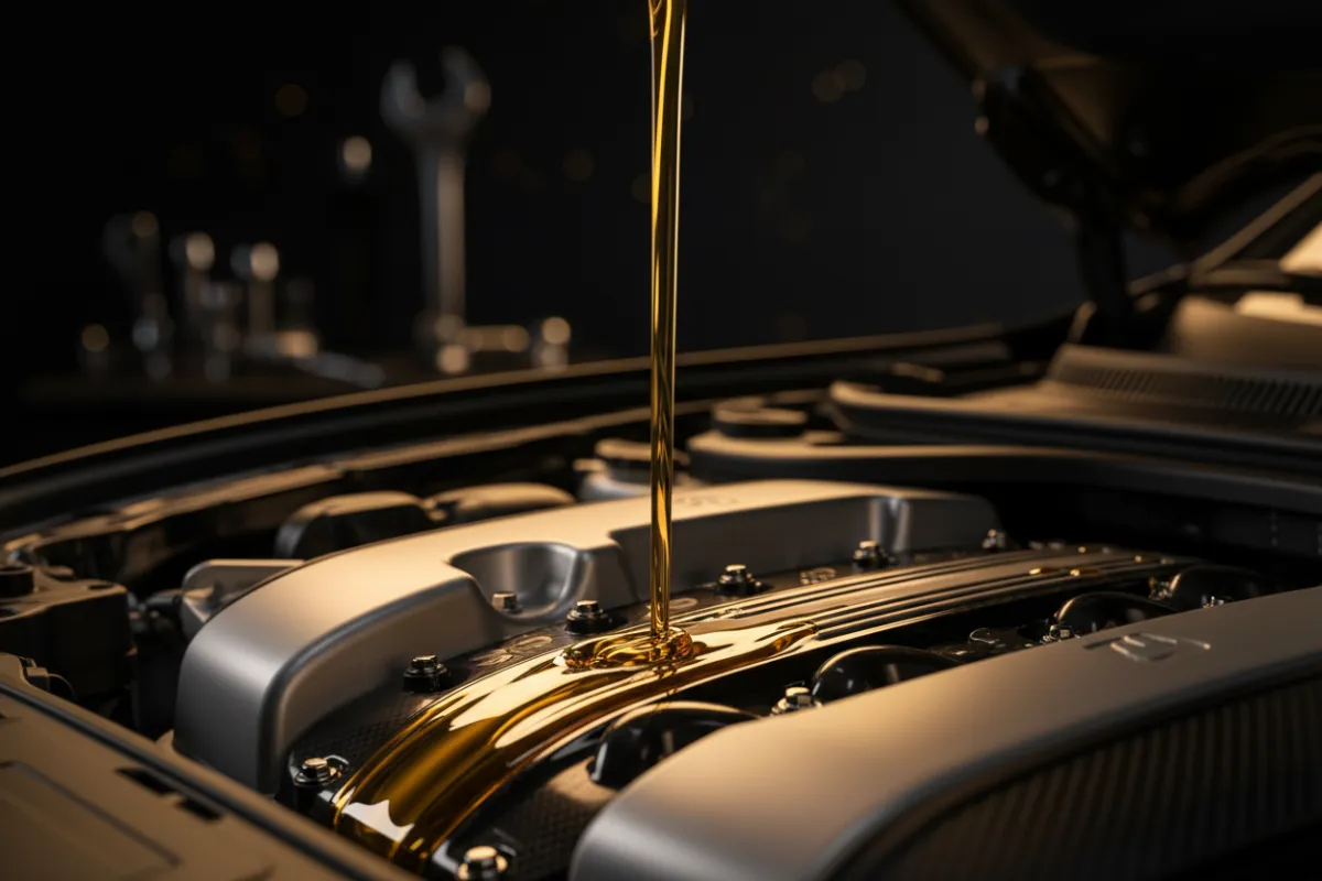 Macro shot of golden engine oil pouring into a clean modern engine