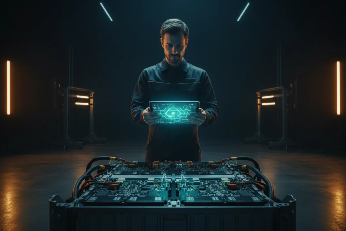 Technician using a glowing tablet for digital diagnostics