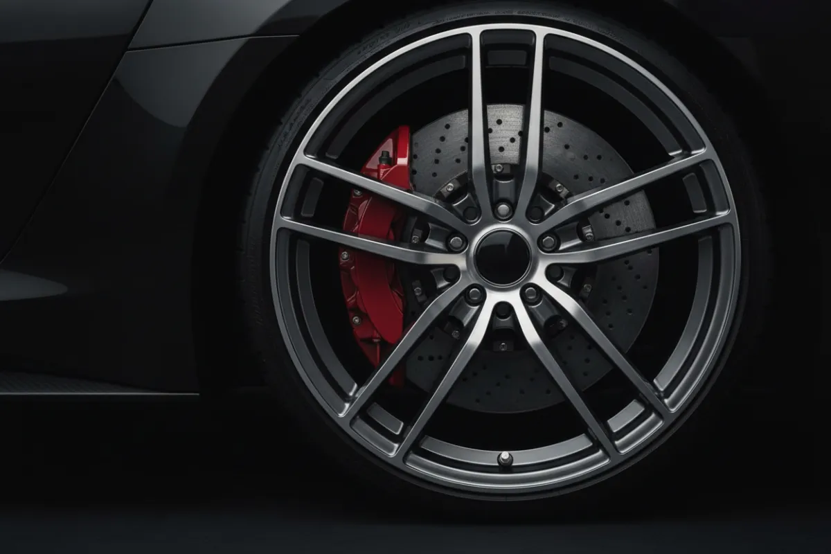 Close-up of high-performance red ceramic brake caliper