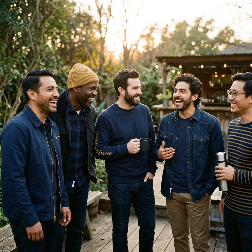 Diverse group of men engaging in authentic conversation outdoors with warm lighting