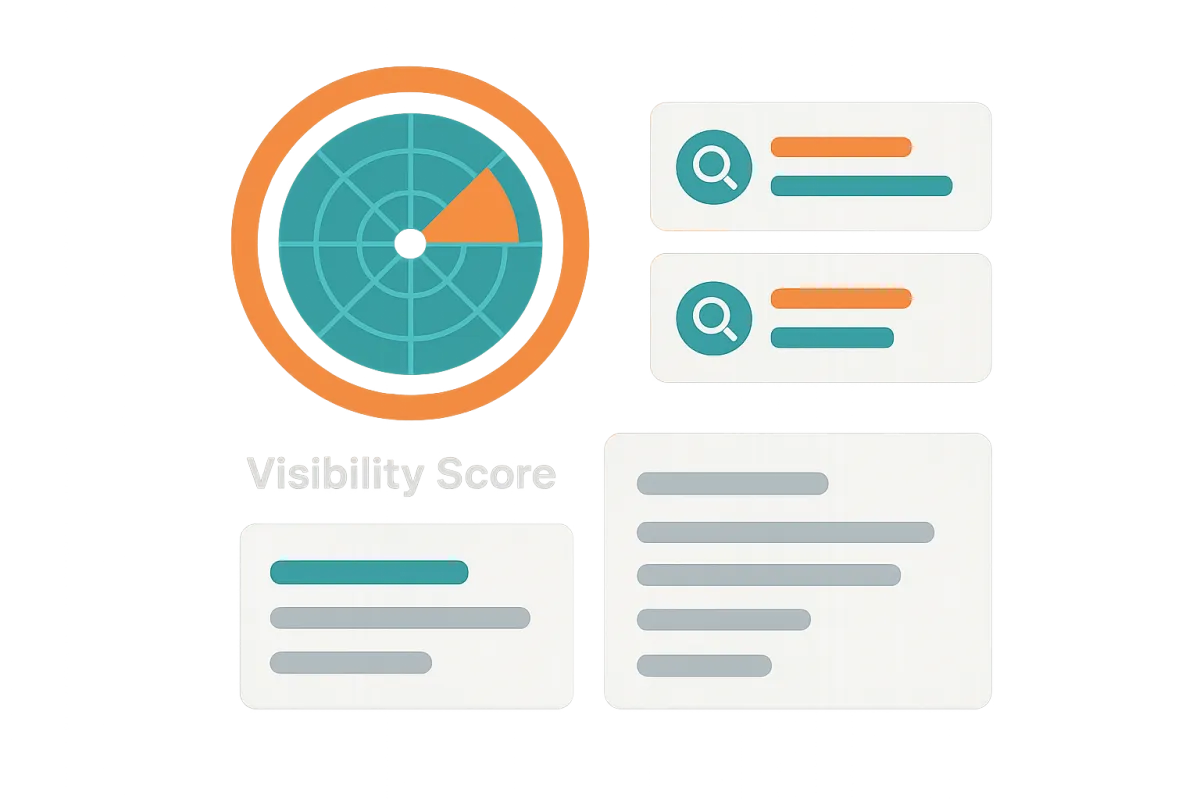 Isolated dashboard widget showing a Visibility Score gauge and search snippets