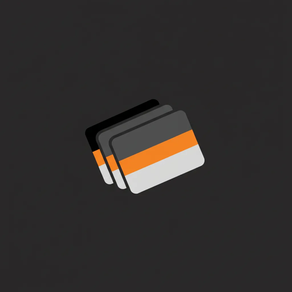 PRKit logo concept: modular press-kit icon with stacked cards and orange accent stripe.