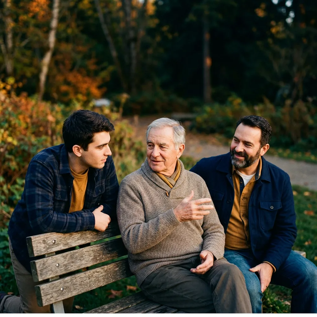 Generations of men having an authentic conversation outdoors, sharing wisdom and connection