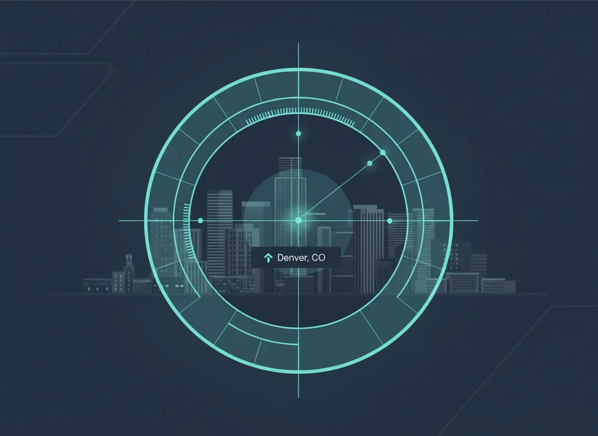 Stylized Denver skyline with radar-style visibility overlay