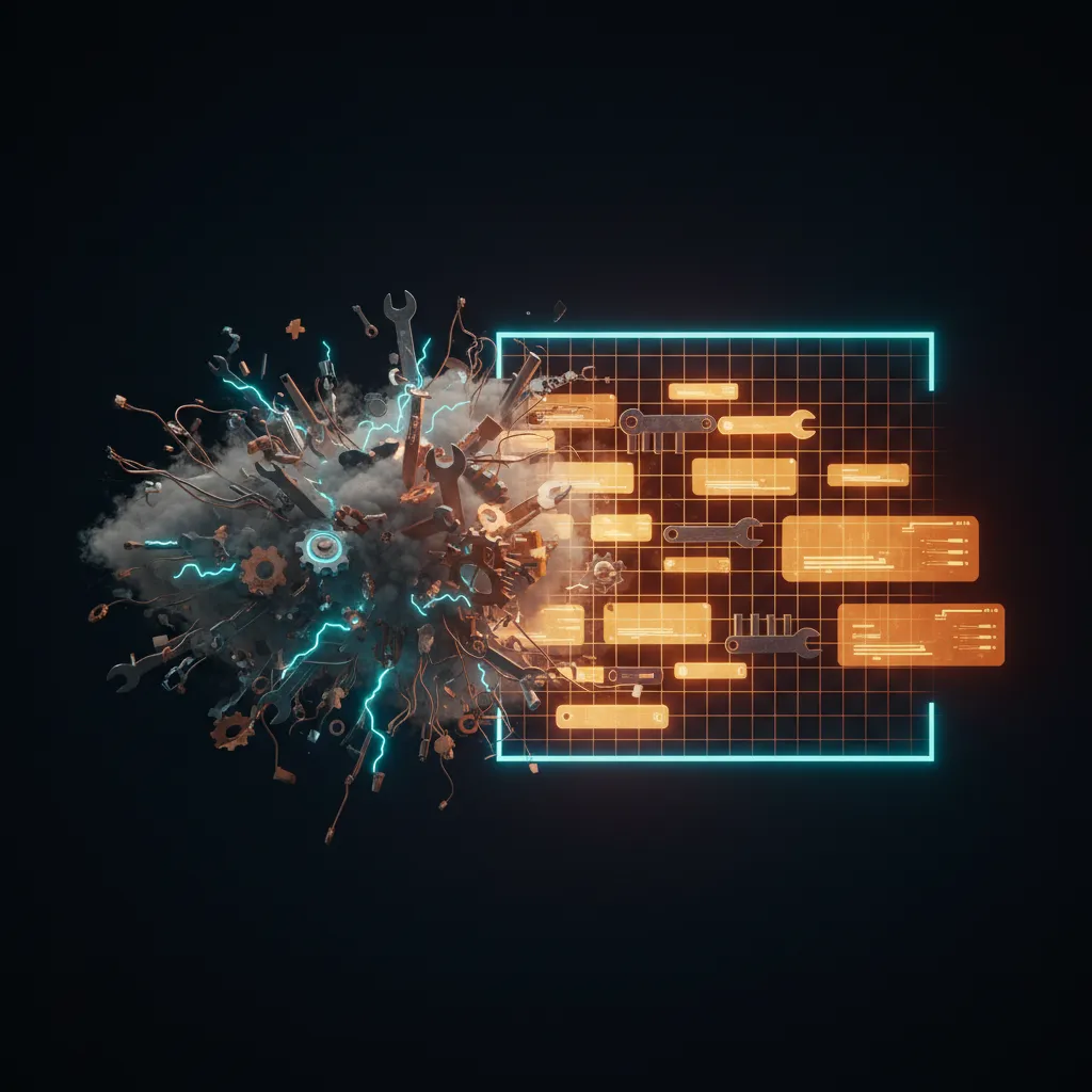 Conceptual illustration showing chaotic, overwhelming tool icons resolving into a unified, streamlined platform.