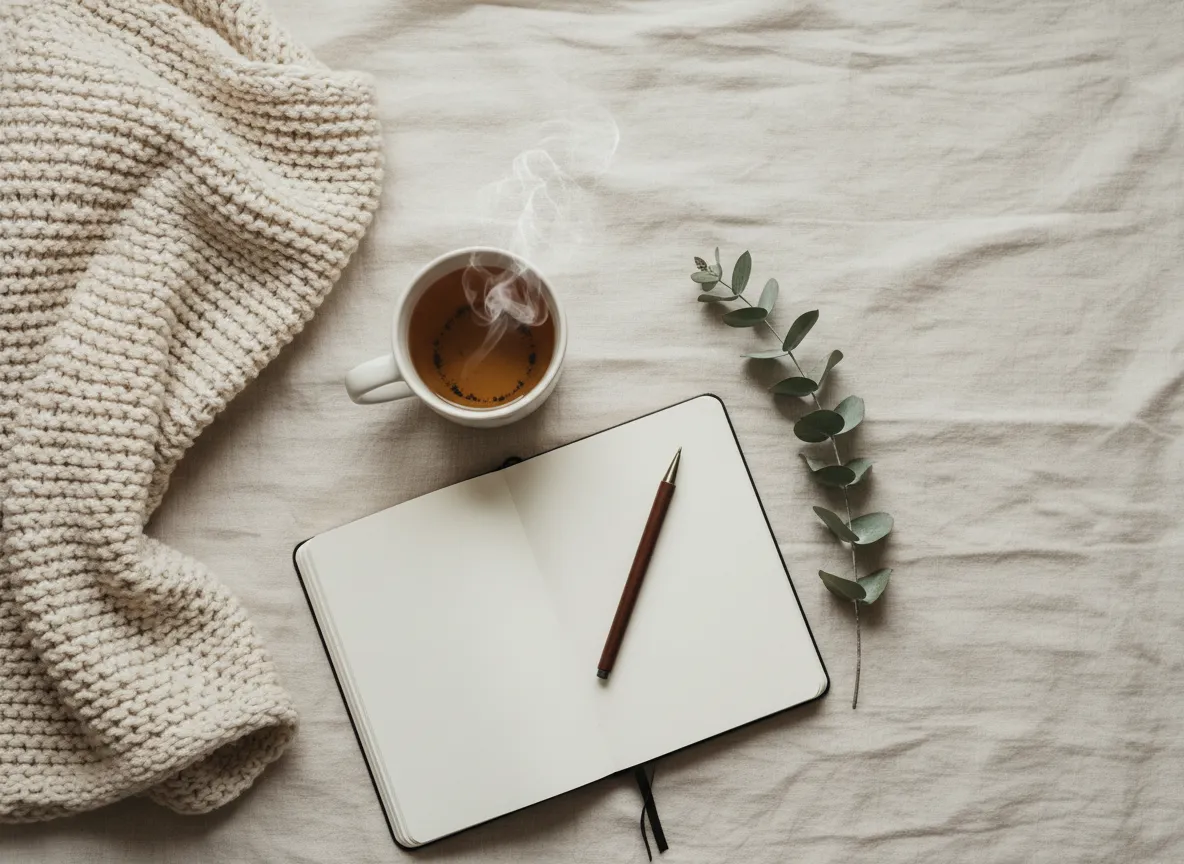 A calm workspace with a leather journal and ceramic mug in soft natural light, suggesting quiet reflection.
