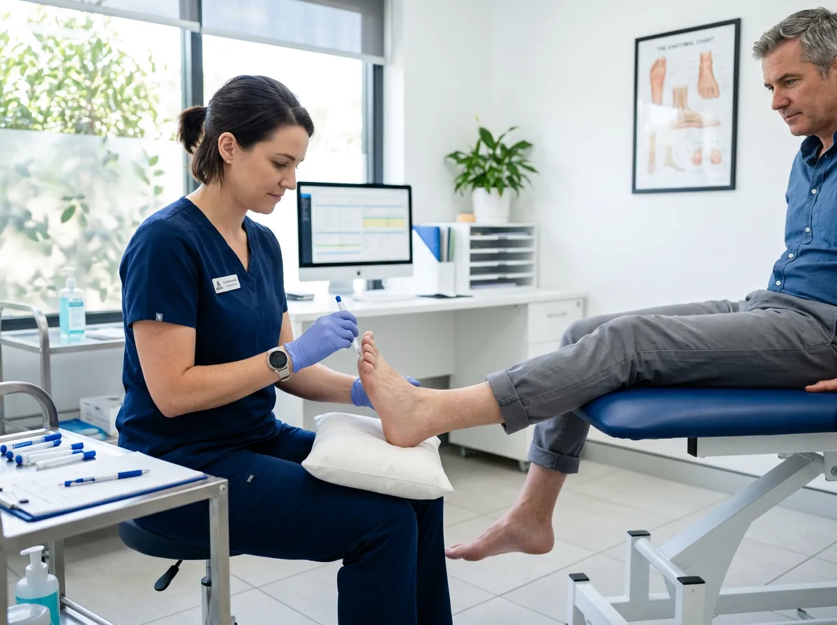 Clinician performing a gentle sensory examination on a patient's foot in a modern medical clinic setting