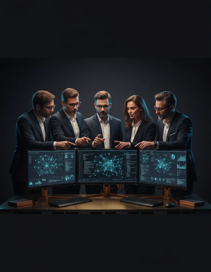 Profesionálové u monitorů diskutující o AI strategiích v corporate prostředí
