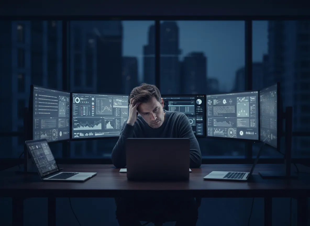 Profesionál zahlcený AI nástroji u více monitorů