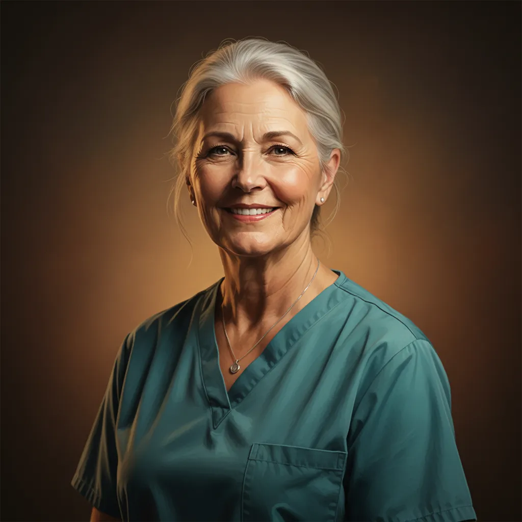 Portrait of a smiling mature female caregiver wearing teal scrubs
