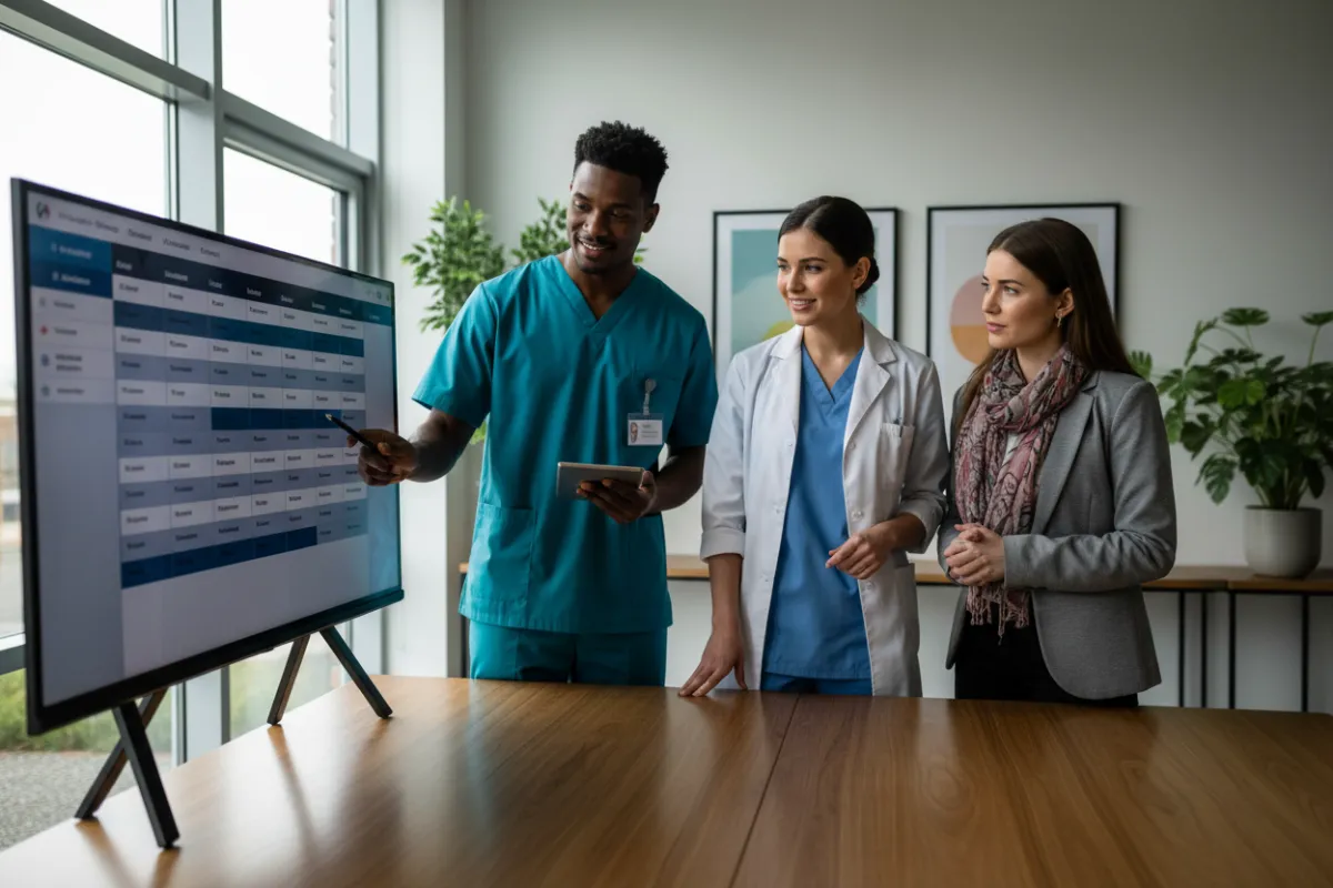 Healthcare professionals reviewing a staffing schedule in a bright clinical office.