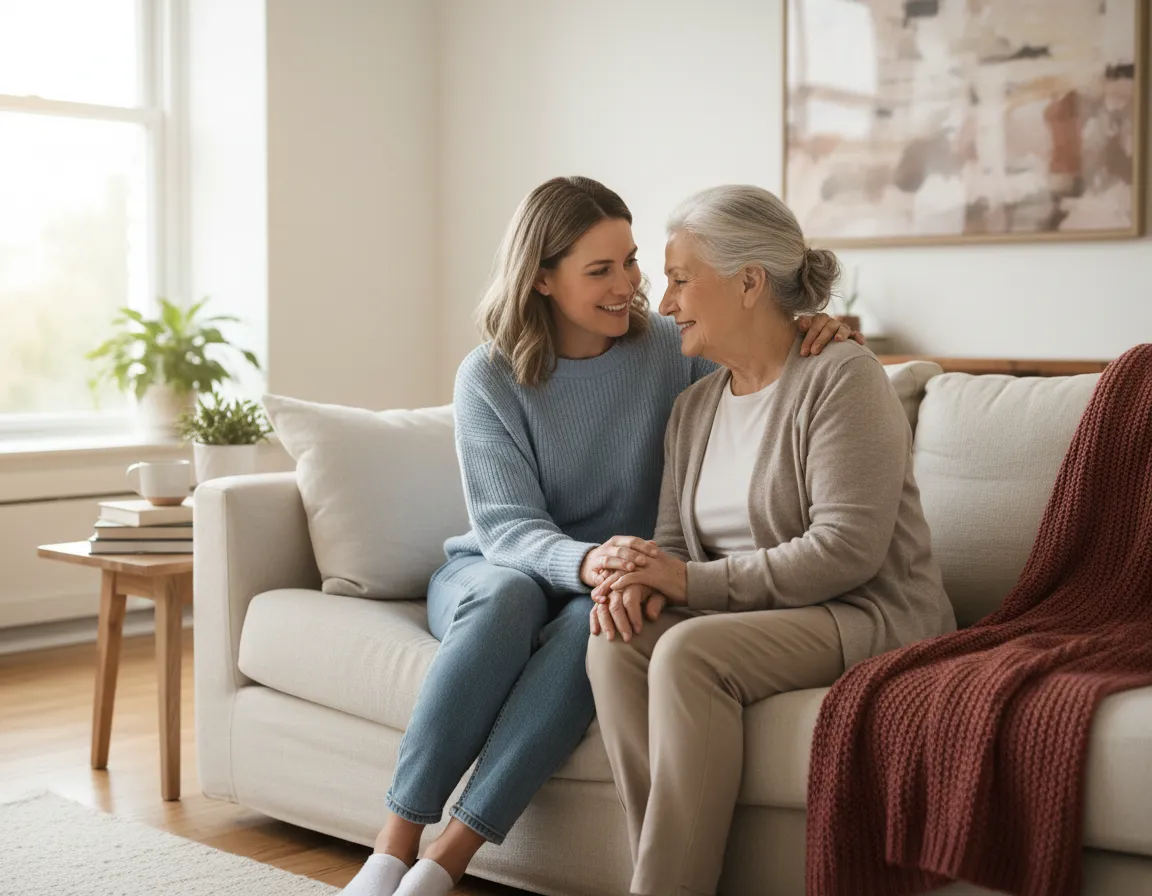 Caregiver sitting with an elderly patient