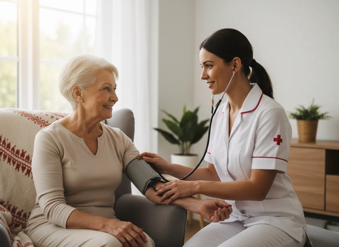 Nurse providing care to an older adult at home