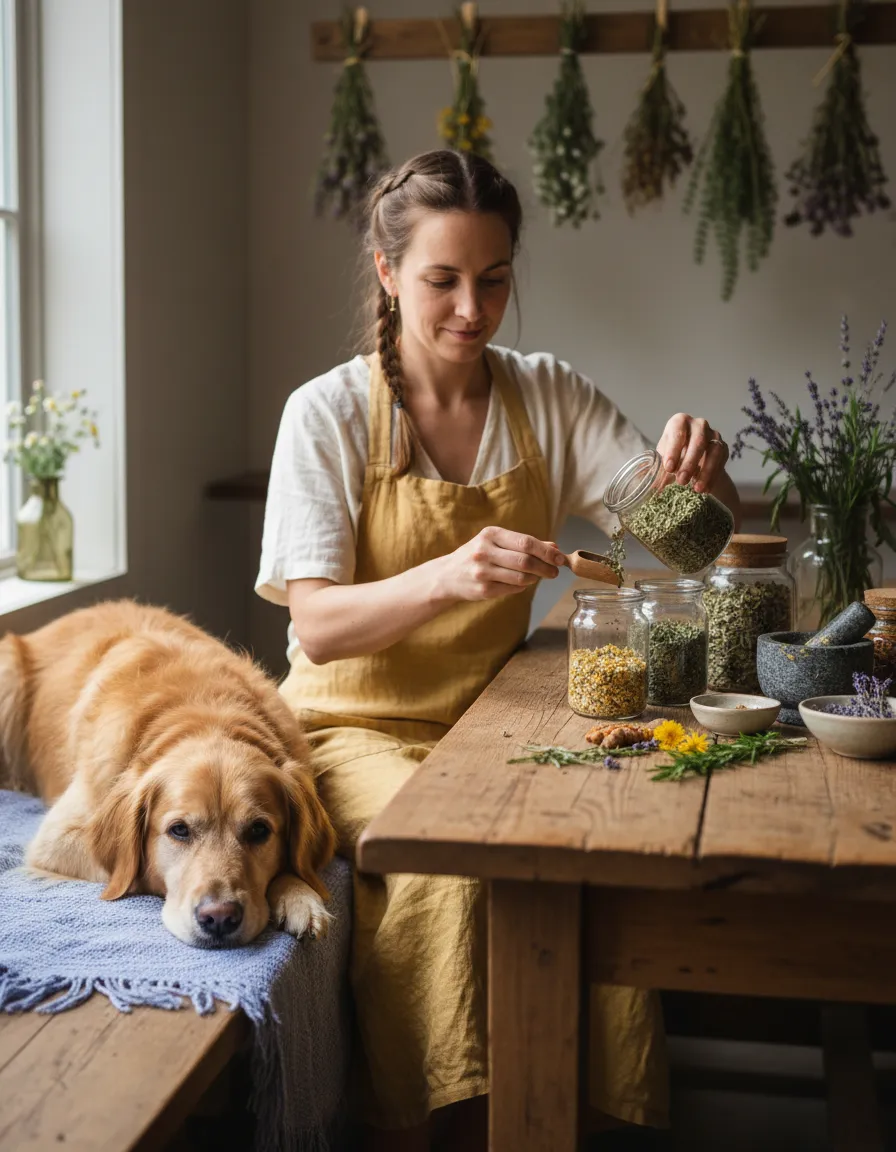 Herbalist preparing formulas for dogs at wooden table