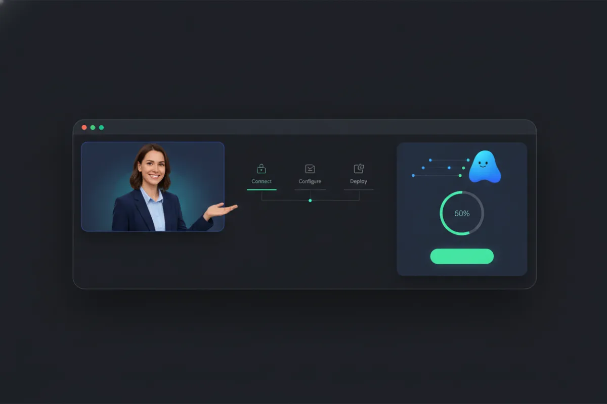 Onboarding session screenshot showing customer success rep guiding setup, friendly interface elements and clean composition.