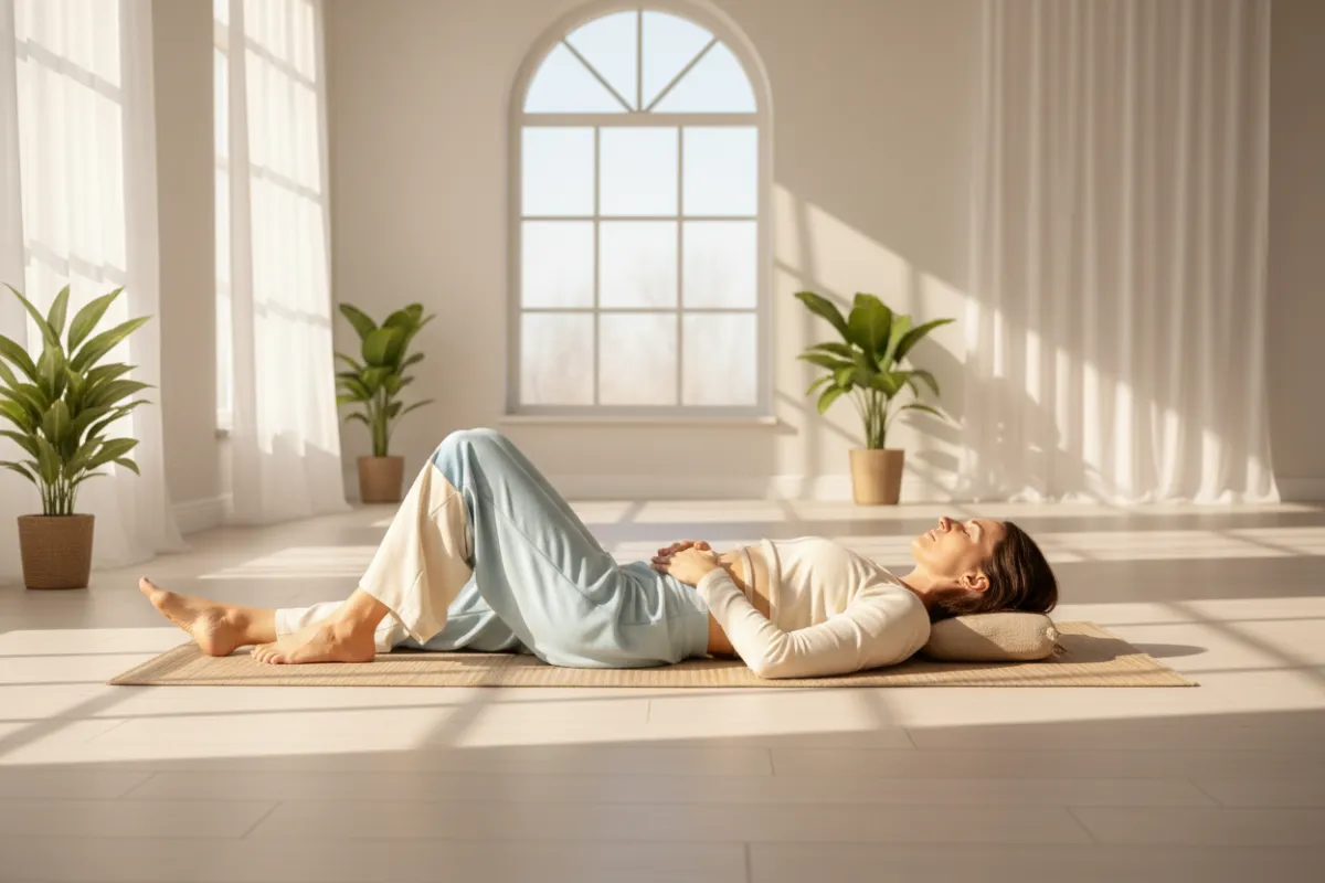 A serene woman in her 30s lying on a yoga mat, eyes closed, hands resting on her belly, surrounded by soft natural light in a tranquil studio. The setting is peaceful, with gentle shadows and a sense of deep relaxation. 3:2 aspect ratio.