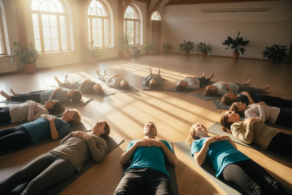 A diverse group of adults, including men and women of various ages, lying in a circle on yoga mats in a sunlit community space, eyes closed, hands on hearts, radiating calm and connection. 3:2 aspect ratio.