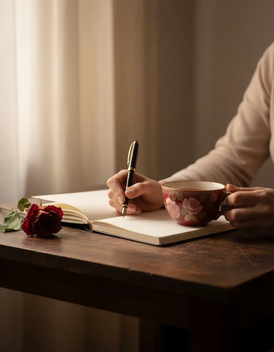 A gentle hand writing in a journal, evoking reflection and belonging