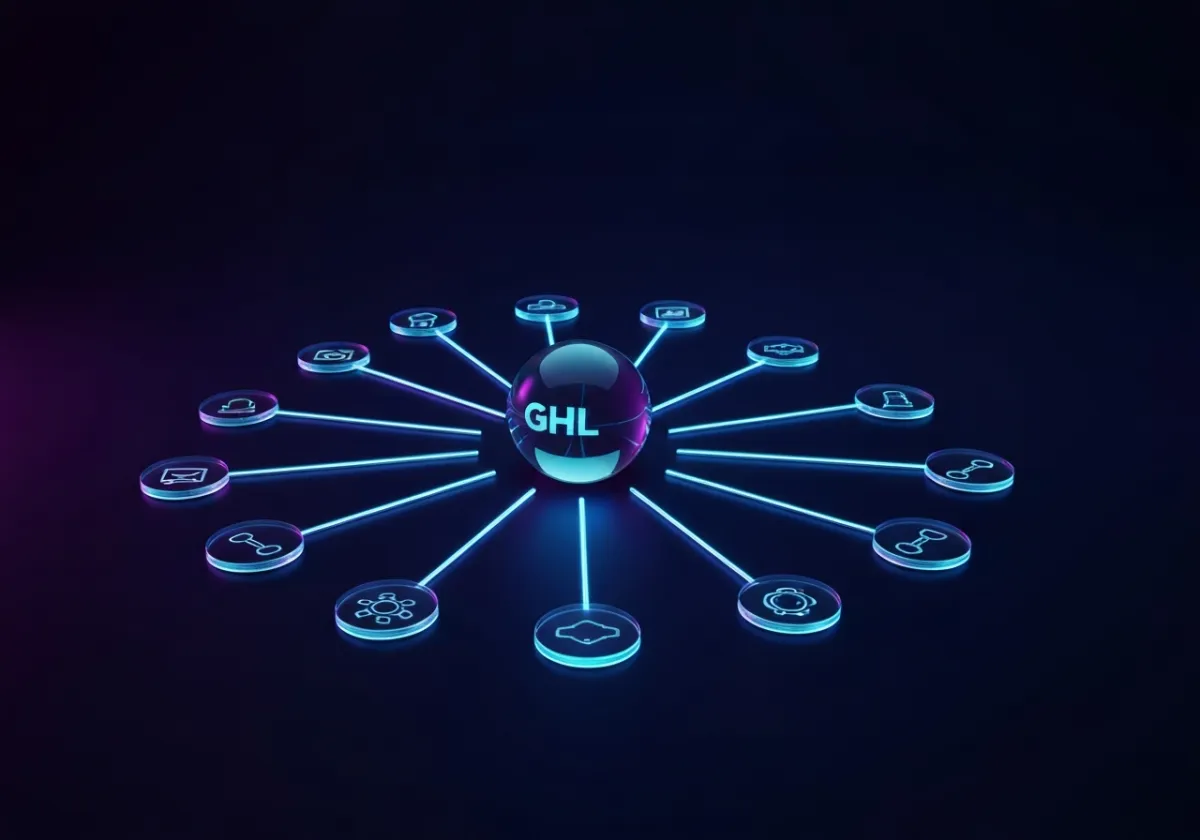 Glowing orb labeled 'One GHL Workspace' with neon blue rays connecting disparate glass icons