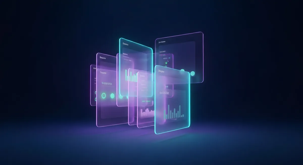 8 glowing glassmorphic cards representing output systems floating in a futuristic space