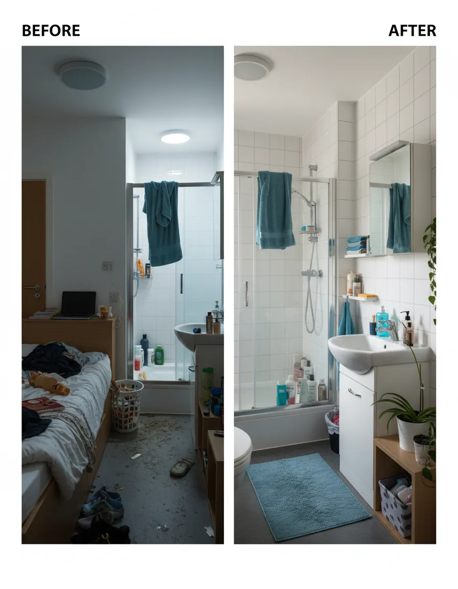 Cleaner refreshing a student room and ensuite bathroom