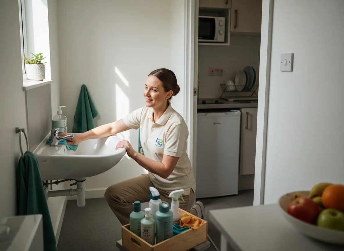 Professional cleaner working in a student bathroom and kitchen
