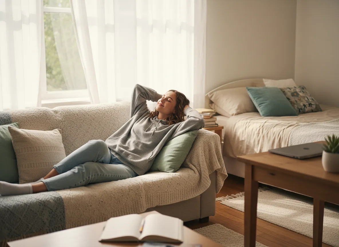 Student relaxing in a tidy student room after cleaning
