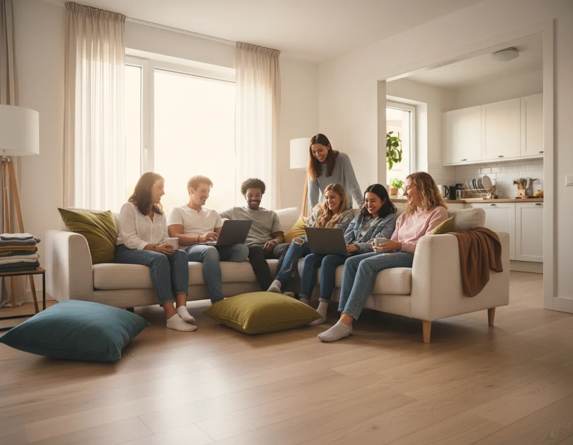 Group of students relaxing together in a clean shared living room