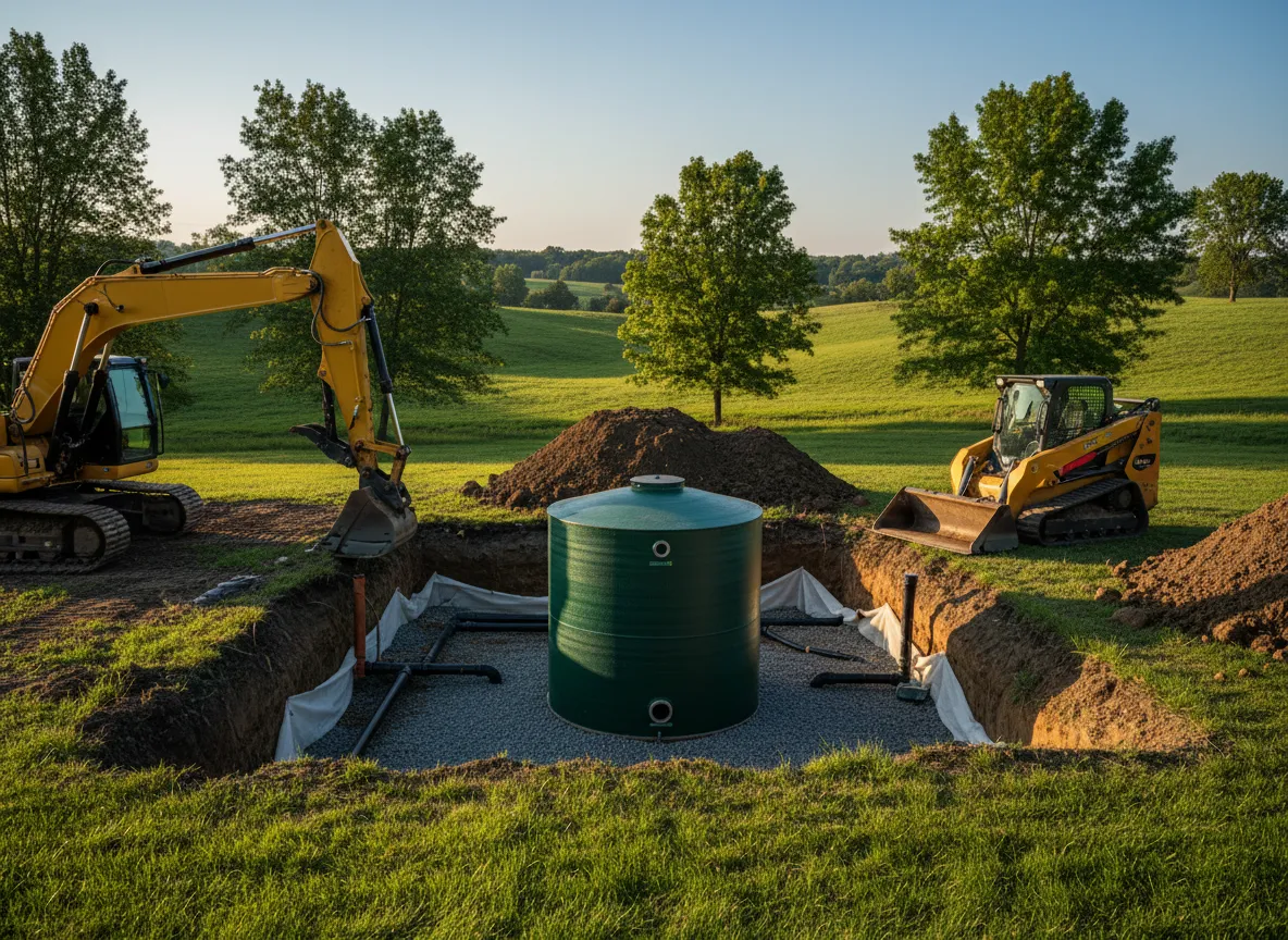 Heavy machinery preparing rural site for septic system installation