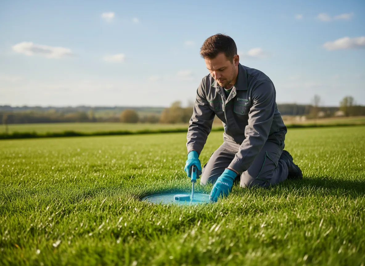 Technician performing scheduled maintenance on septic system