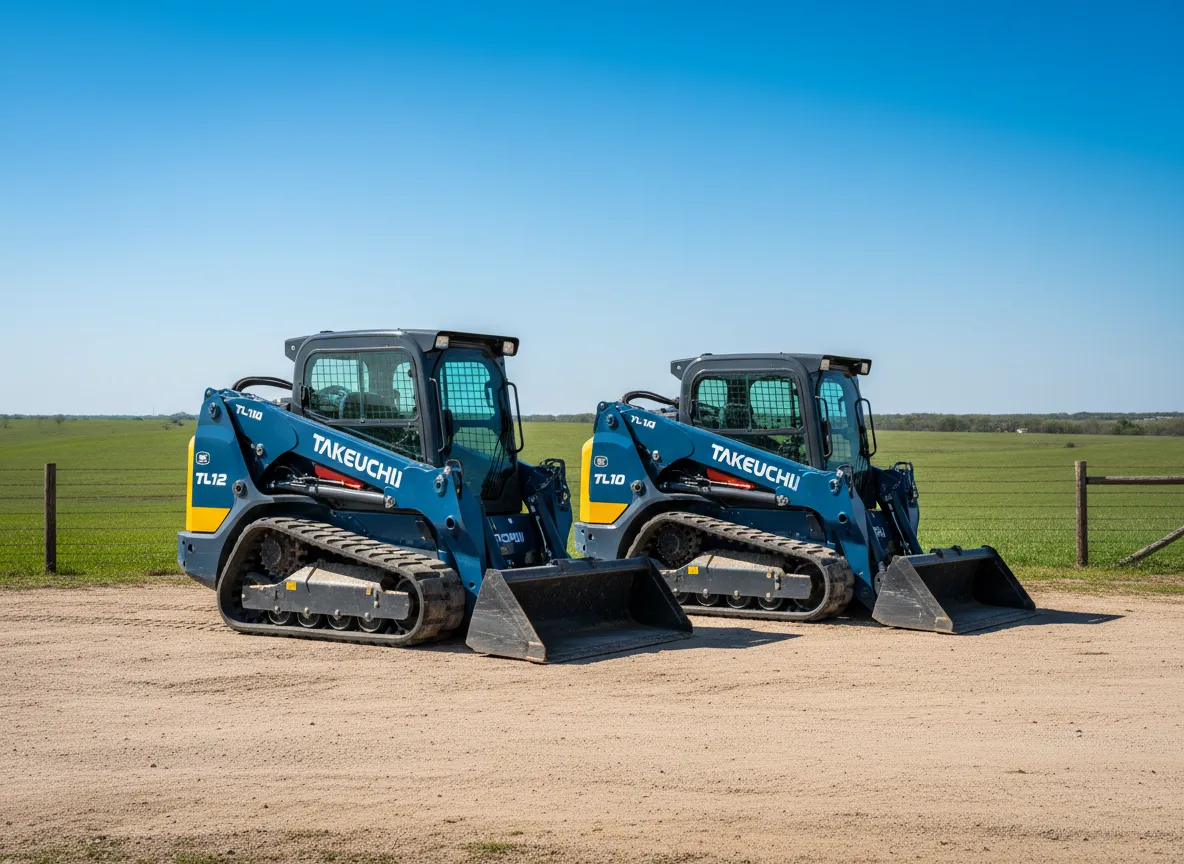 Takeuchi TL12 and TL10 compact track loaders on a ranch job near Jacksboro, Texas