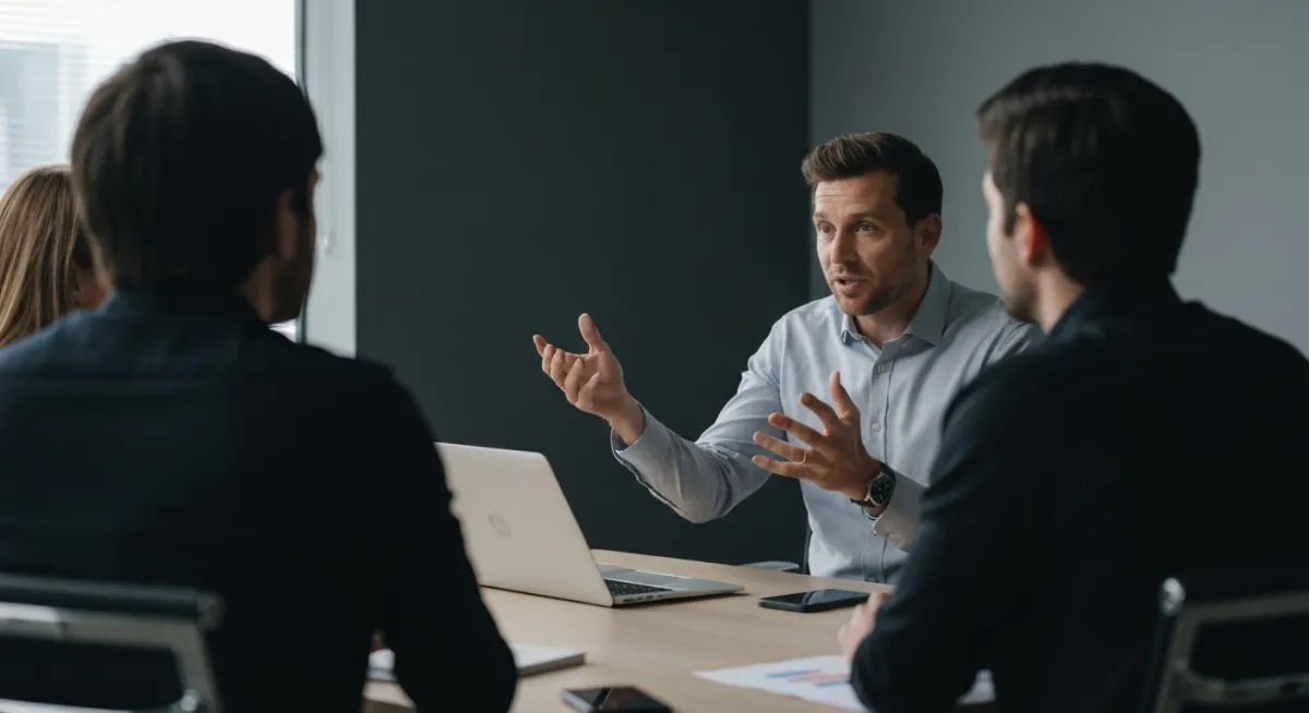 Líder corporativo dirigiendo una reunión estratégica en oficina