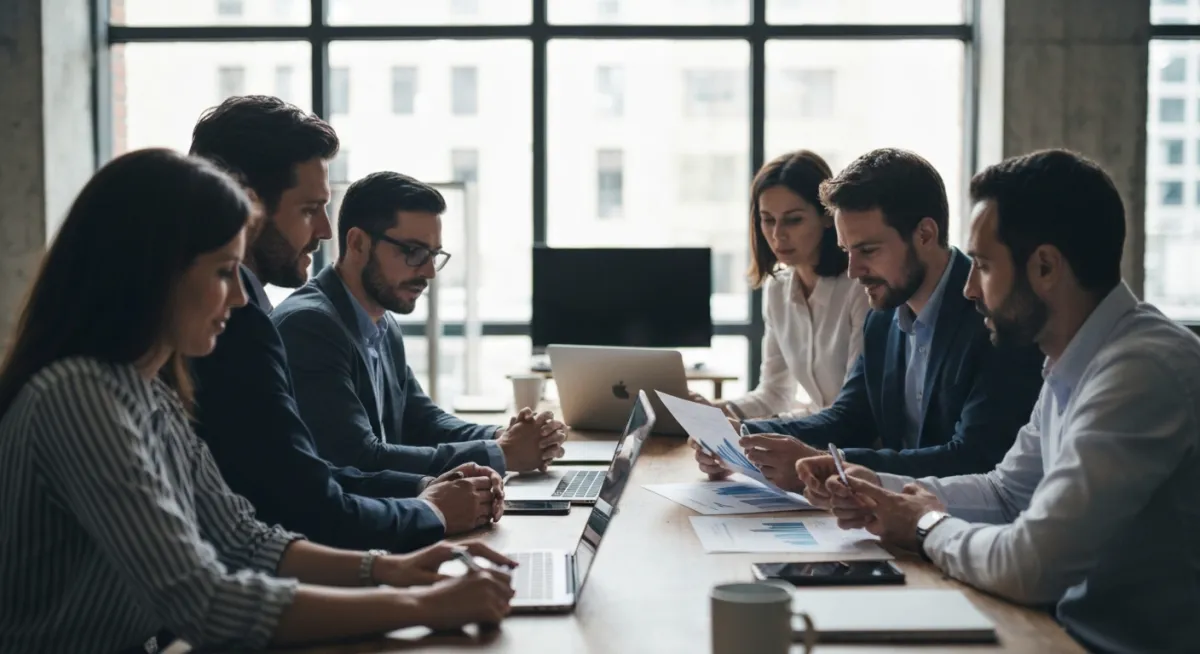 Profesionales en entorno corporativo analizando estrategias
