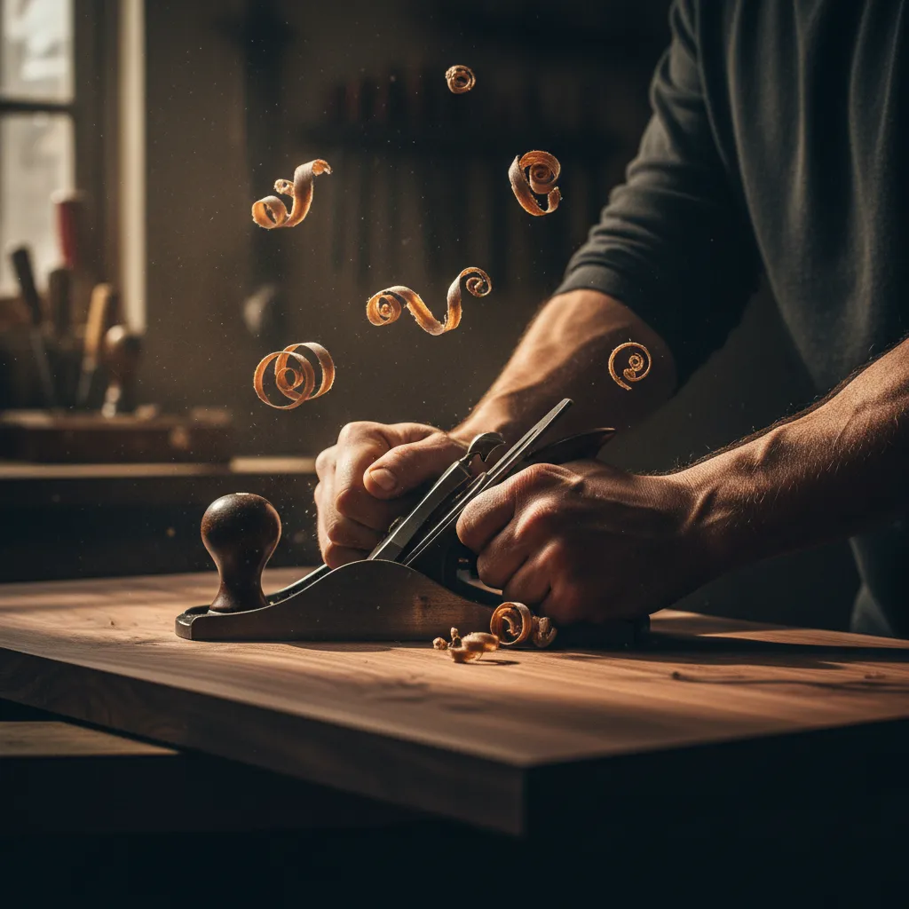 Craftsman hands at work, raw woodworking texture