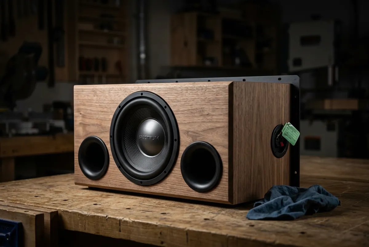 Completed dual-ported subwoofer enclosure ready for vehicle installation