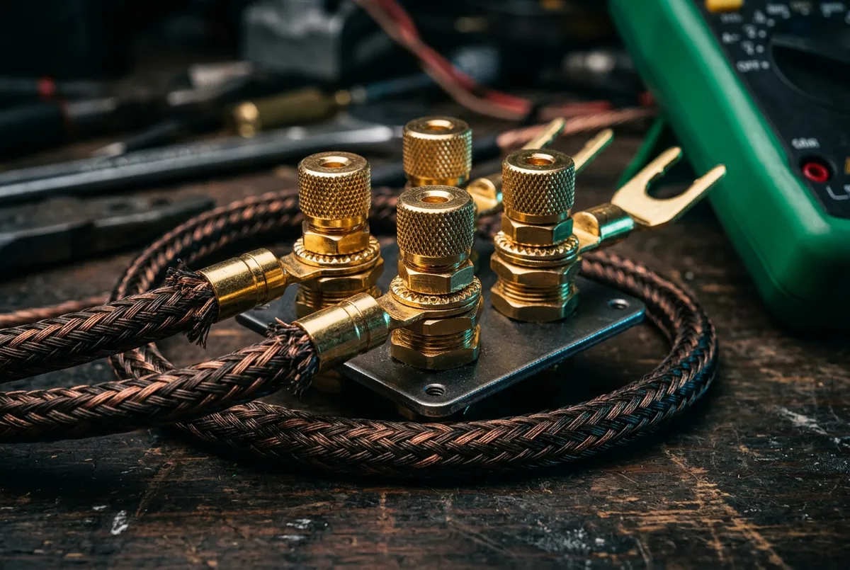 Heavy-duty binding posts, connectors, and OFC speaker wiring