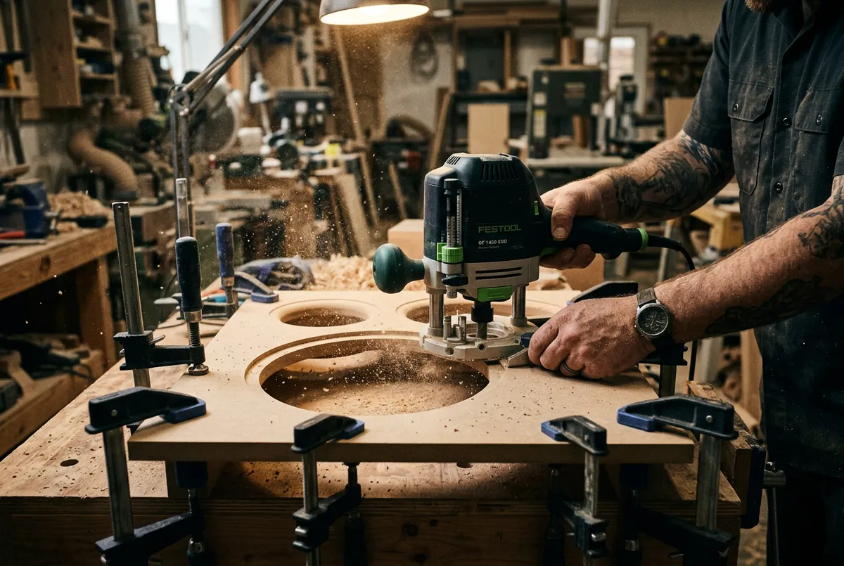 Flush-trim plunge router and bar clamps shaping a ported subwoofer baffle