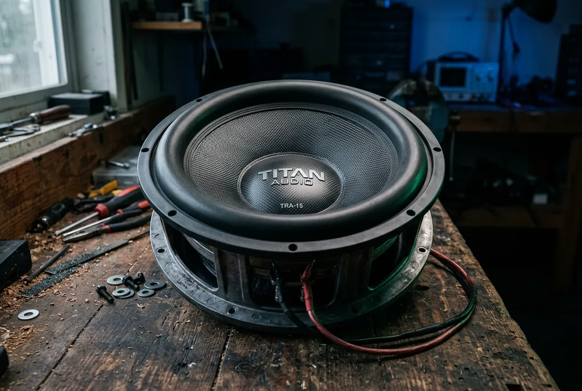 Heavy-duty subwoofer driver close-up on workshop bench