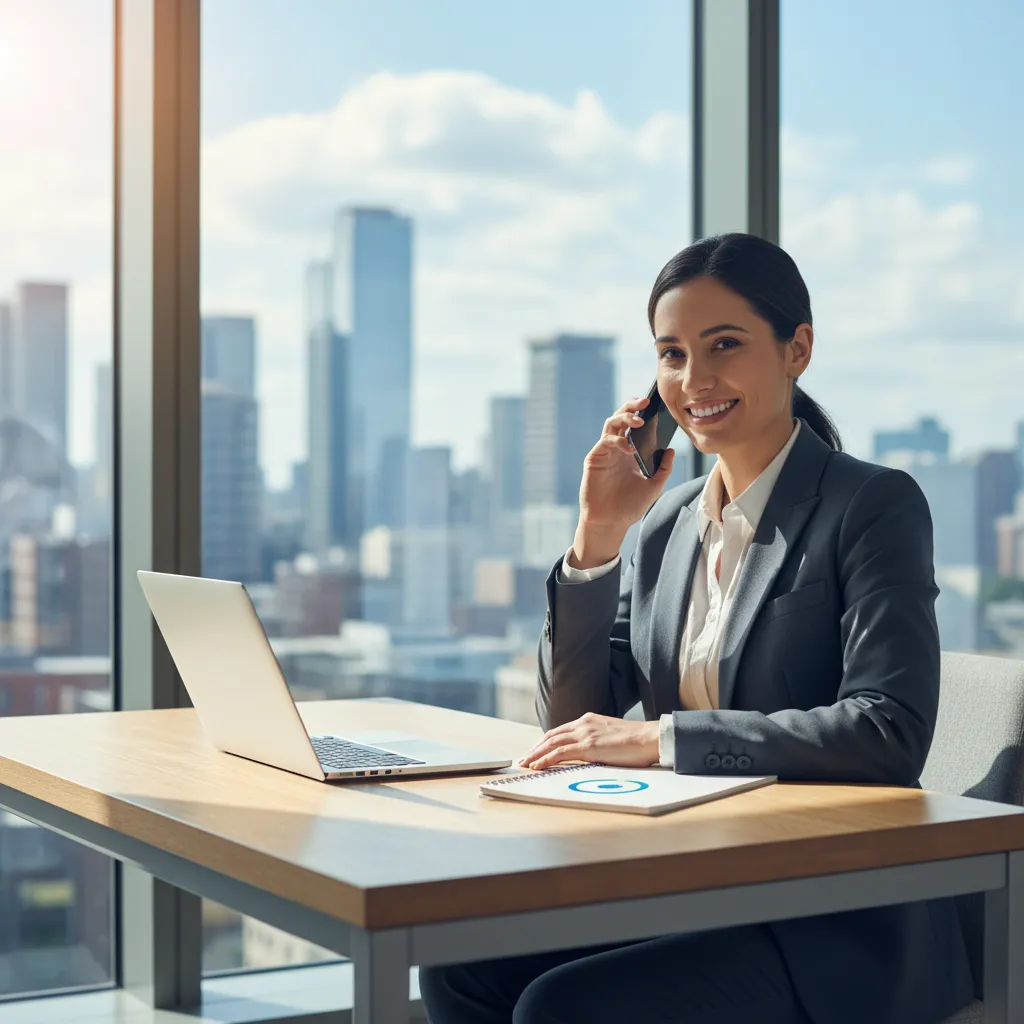 A friendly, professional team member in business attire, smiling and speaking on the phone at a modern office desk. The workspace features a laptop, branded notepad, and a large window with city views. The image conveys approachability and expertise, inviting inquiries from potential clients and partners.