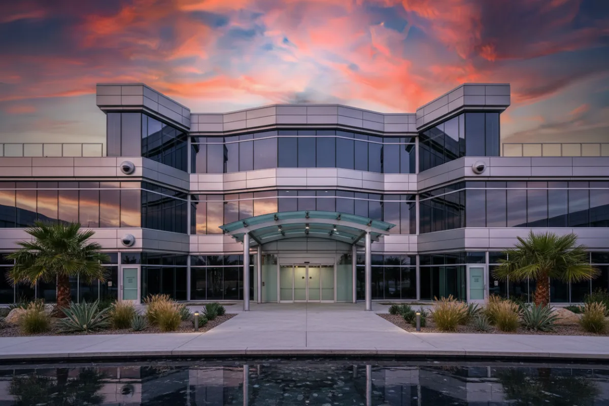 A modern, architecturally striking storage facility with glass and steel elements, set against a vibrant sky. The building features advanced security cameras and digital access panels, with landscaped surroundings and a welcoming entrance. The image conveys innovation and security, appealing to real estate investors and customers.