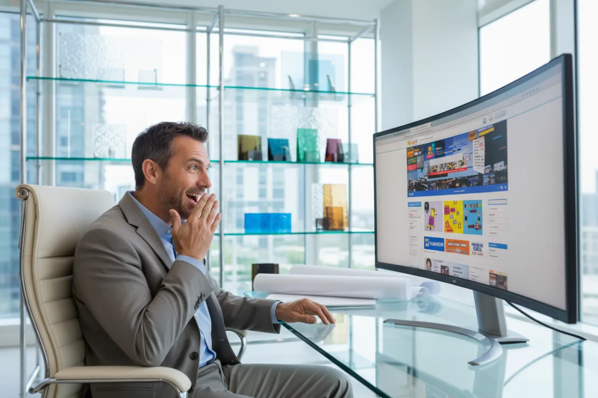 A glass company owner in a bright office, surprised and amused while viewing an outdated website on a large monitor, with glass samples and blueprints in the background. The scene is lively, modern, and professional, emphasizing the contrast between old and new web design.