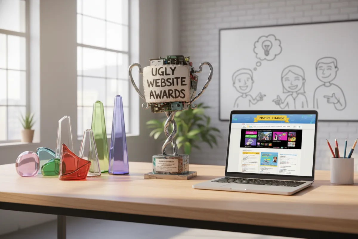 A creative workspace with glass samples, a trophy labeled 'Ugly Website Awards', and a laptop displaying a dated website. The setting is bright, with natural light and a hint of playful competition, symbolizing the contest's mission to inspire change.