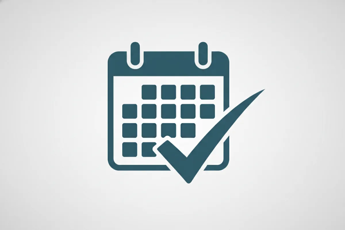 A vector icon of a calendar with a prominent checkmark, set on a light gray background. The design is clean and modern, symbolizing shared scheduling and team organization.
