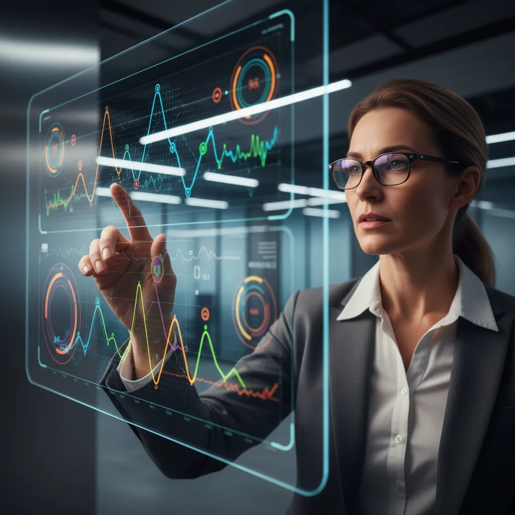 Primer plano de una empresaria analizando un panel de control de IA vibrante en una gran pantalla táctil, con gráficos y métricas en tiempo real. El entorno es un espacio de trabajo moderno y tecnológico; la persona está concentrada, transmitiendo la toma de decisiones basada en datos.