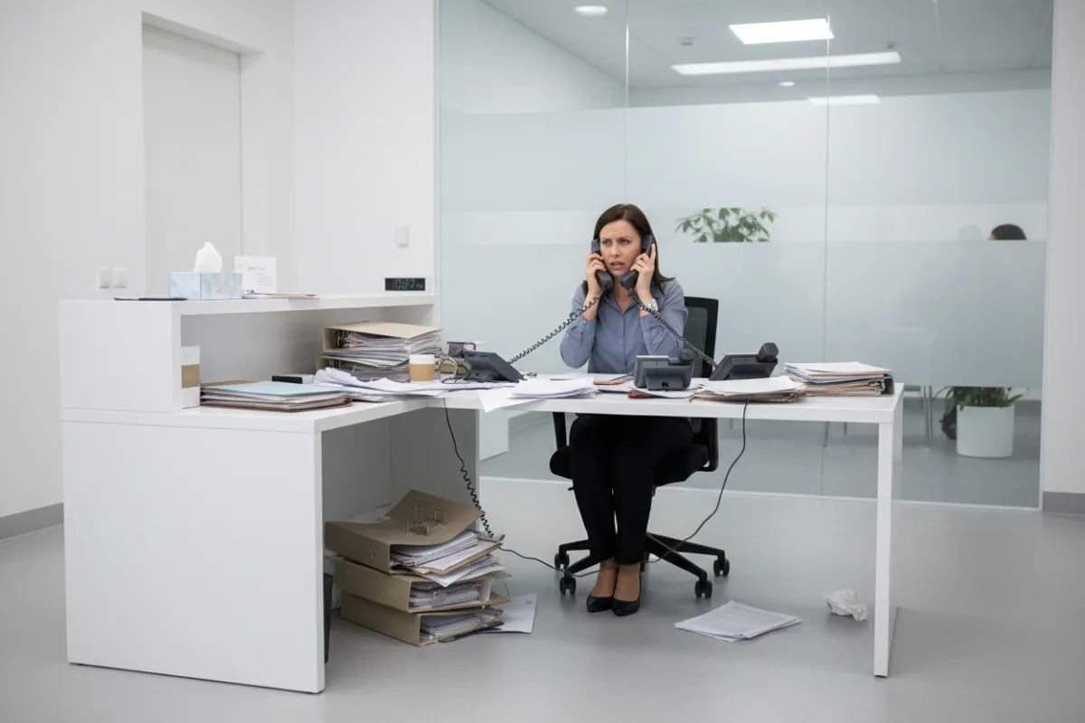Recepcionista abrumada con llamadas y papeles en una clínica moderna, fondo blanco, ambiente profesional