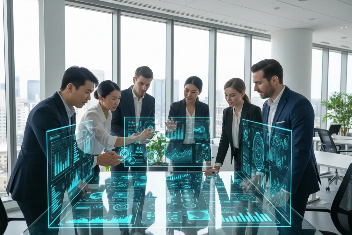Un equipo diverso de profesionales colaborando alrededor de una interfaz digital que muestra análisis de IA, en una oficina moderna y luminosa con paredes de vidrio y luz natural. El grupo incluye hombres y mujeres de distintas edades y etnias, todos concentrados en la pantalla, transmitiendo innovación y trabajo en equipo.